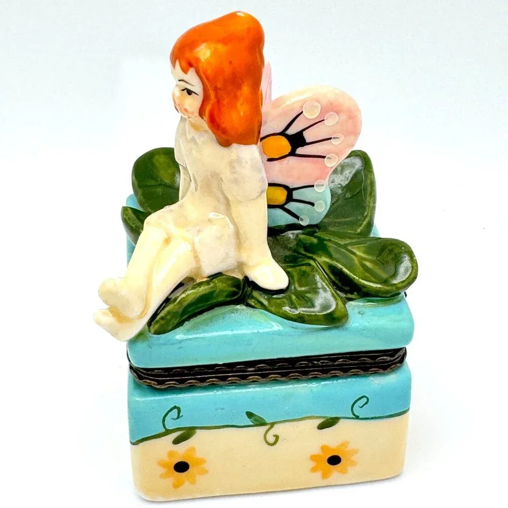 Tooth Fairy VtgTrinket Box with Green Leaves Figurine 3.25